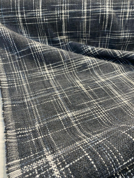 Hampton Plaid Woven Chenille Upholstery Fabric - Navy Domino Plaid, 54" Width (By The Yard)