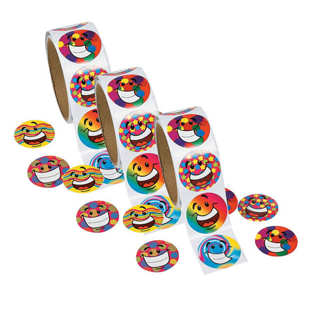 1 1/2" Multicolor Funky Smile Face Paper Sticker Roll 100 Pc