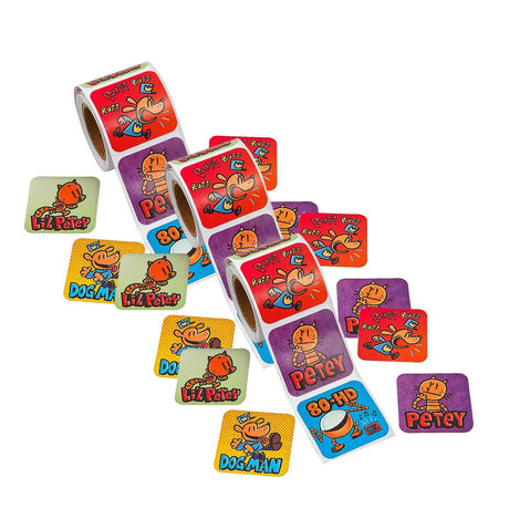 Dog Man Characters Sticker Roll 100 Pieces 1 1/2" x 1 1/2" Fan-Favorite Stickers