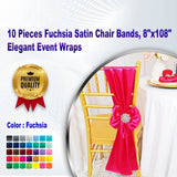 10 Pieces Fuchsia Satin Chair Bands, 8"x108" Elegant Event Wraps