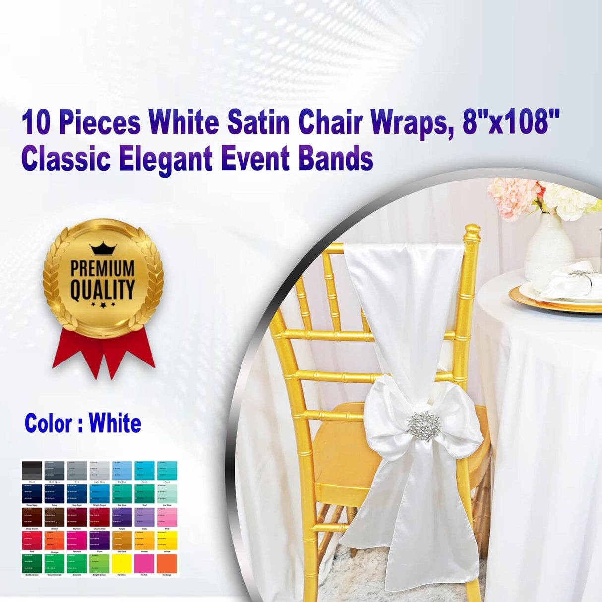 10 Pieces White Satin Chair Wraps, 8"x108" Classic Elegant Event Bands