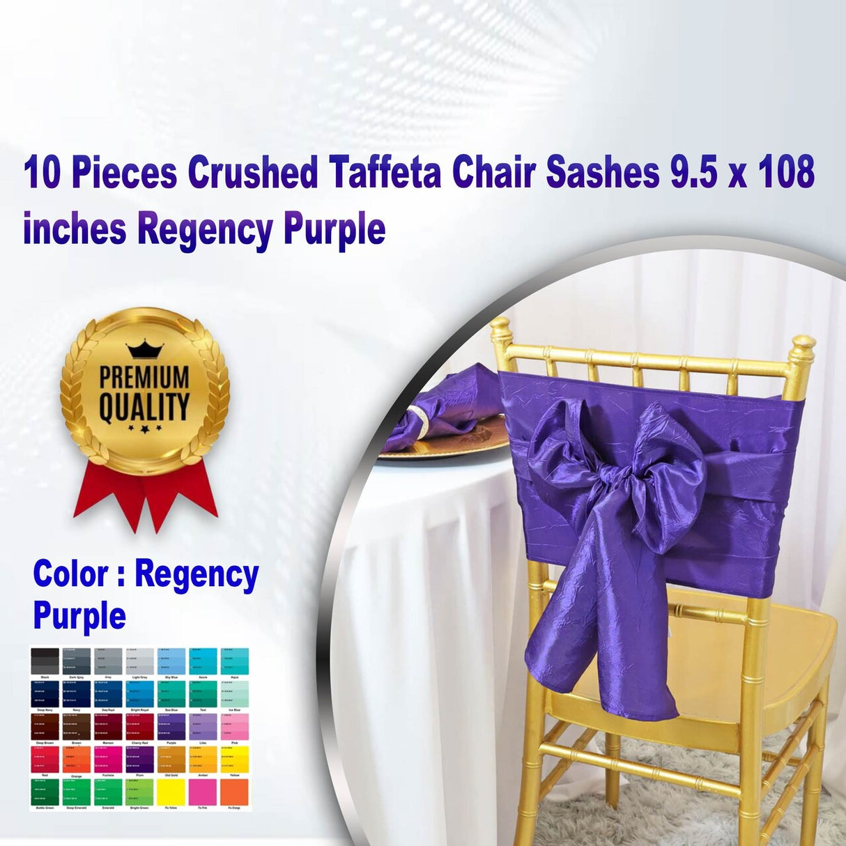 10 Pieces Crushed Taffeta Chair Sashes 9.5 x 108 inches Regency Purple