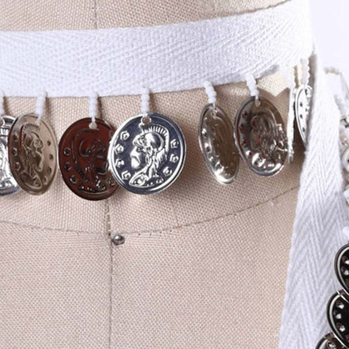 White Twill Tape with Silver Coin Fringe 3/4" Cotton Trim for Costumes & Crafts