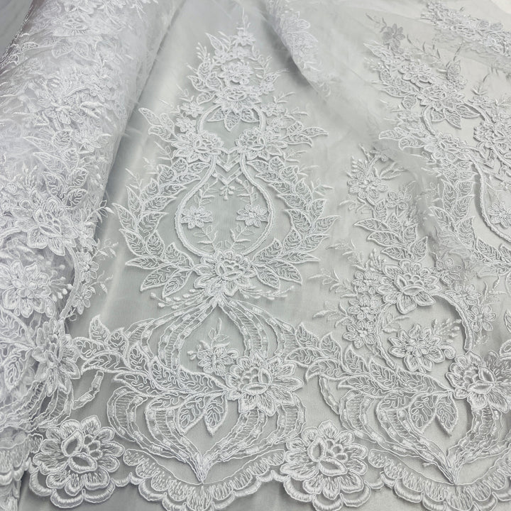 1 Yard Sophisticated Corded Bridal Lace Fabric Embroidered on 100% Polyester Net Mesh White