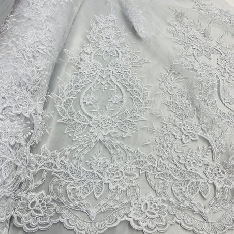 1 Yard Exquisite Corded Bridal Lace Fabric Embroidered on Polyester Net Mesh