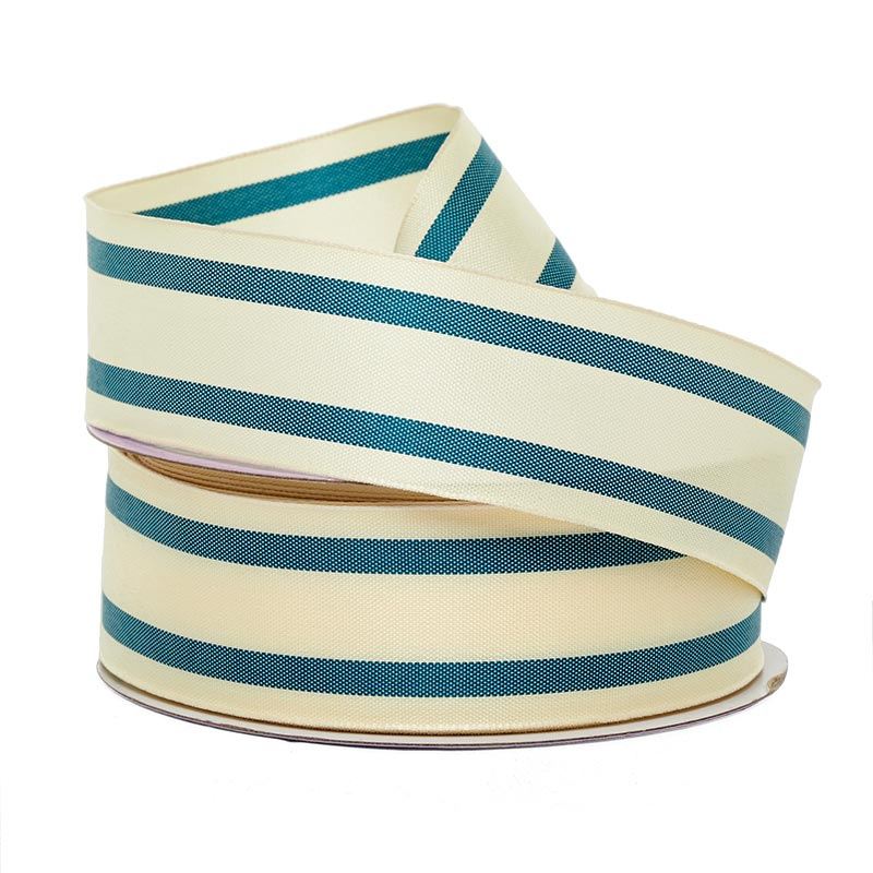Double Striped Fabric Ribbon 1 1/2 '' X 25 yd Ivory / Teal Color 1 / roll