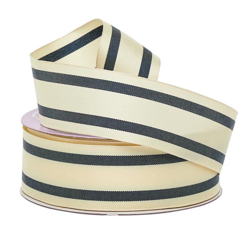 Double Striped Fabric Ribbon 1 1/2 '' X 25 yd Ivory / Navy Color 1 / roll