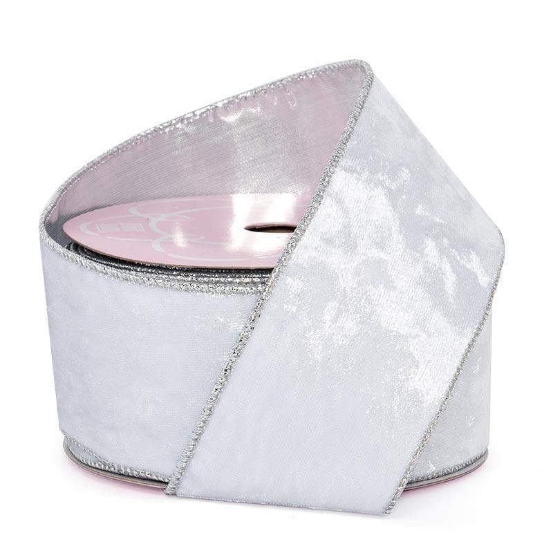 Soft Velvet with Metallic Back Wired Ribbon White / Silver – 2.5" x 10 Yards (1 Roll)