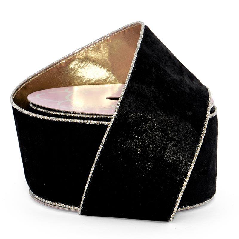 Soft Velvet with Metallic Back Wired Ribbon Black / Gold – 2.5" x 10 Yards (1 Roll)