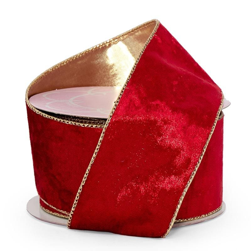 Soft Velvet with Metallic Back Wired Ribbon Scarlet / Gold – 2.5" x 10 Yards (1 Roll)