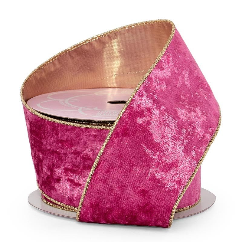 Soft Velvet with Metallic Back Wired Ribbon Hot Pink / Gold – 2.5" x 10 Yards (1 Roll)
