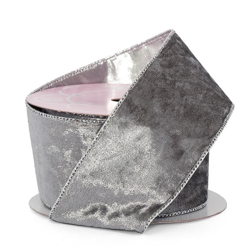 Soft Velvet with Metallic Back Wired Ribbon Pewter / Silver – 2.5" x 10 Yards (1 Roll)