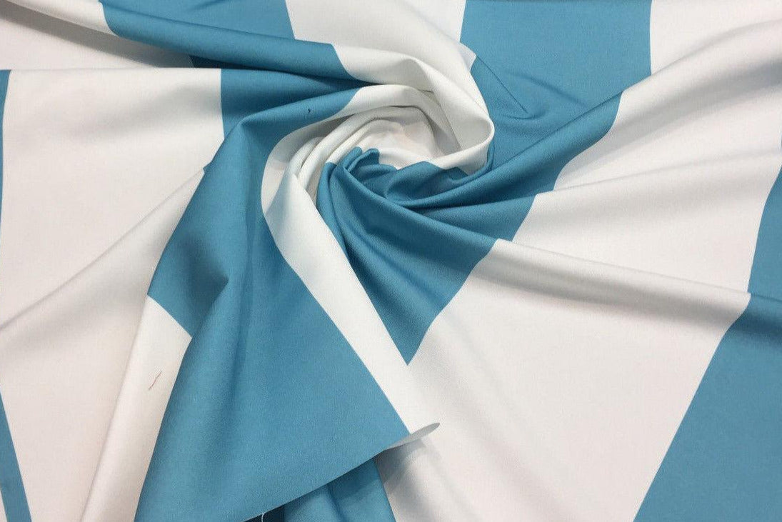 P Kaufmann Blue And White Stripes Soil And Stain Repellent Fabric - Blue And White Horizontal Stripes, 18" Repeat (1 Yard)