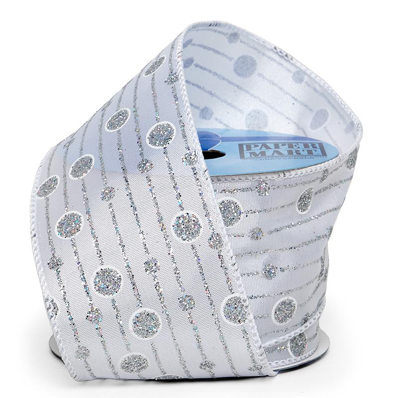 Glitter Bubbles & Stripes On Wired Ribbon 2 1/2 '' X 10 yd Silver / White Color 1 / ROLL