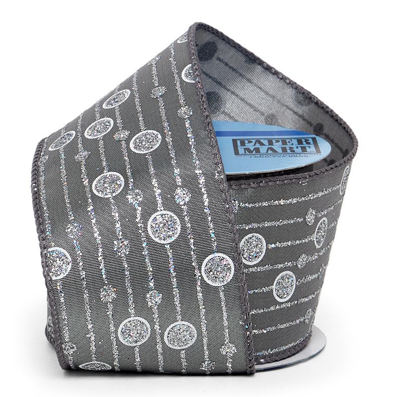 Glitter Bubbles & Stripes On Wired Ribbon 2 1/2 '' X 10 yd Pewter Color 1 / ROLL