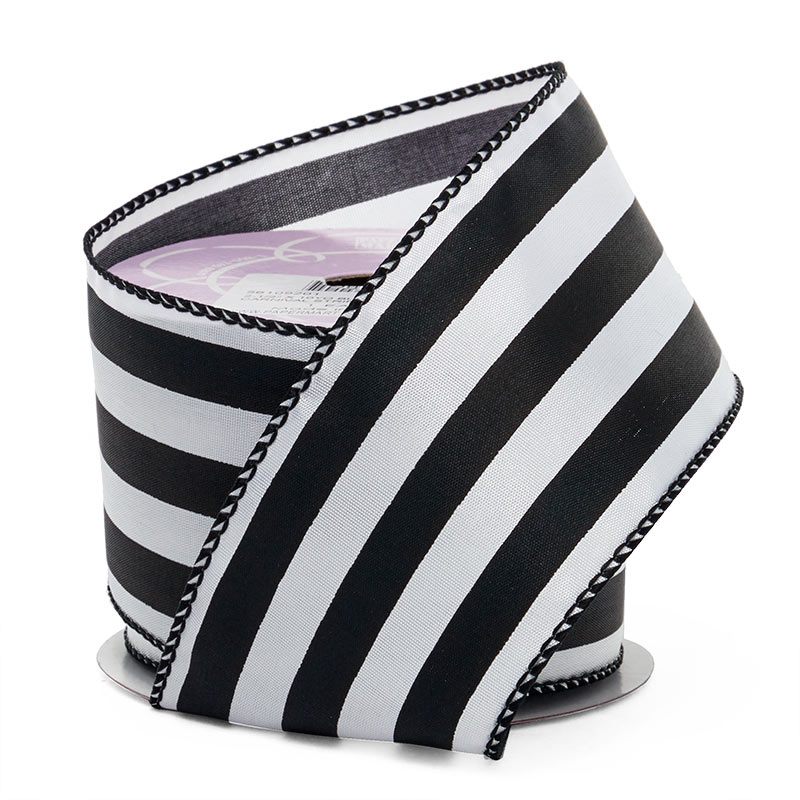 Carnival Stripe Wired Ribbon 2 1/2'' x 10 yd Black / White - 1 / ROLL