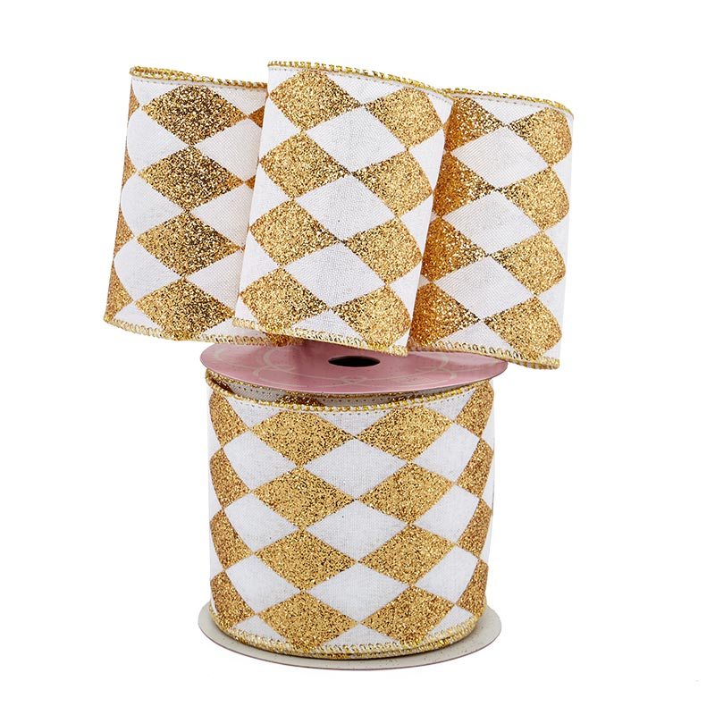 Extra Wide Harlequin Wired Ribbon 4 '' X 10 yd Gold / White Color 1 / roll