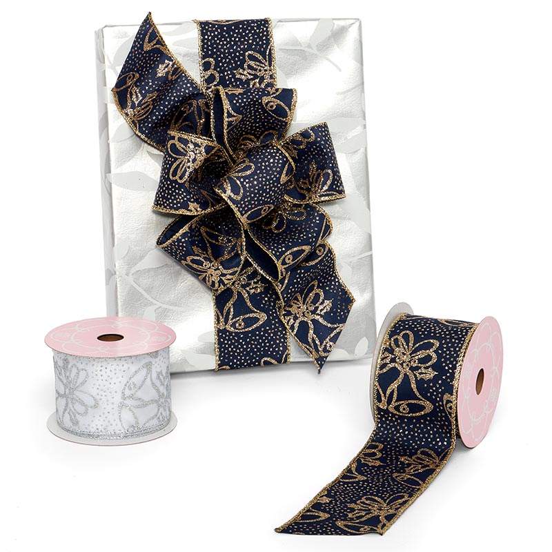 Glitter Bells On Satin Wired Ribbon 2 1/2 '' X 10 yd - White / Silver Color 1 / ROLL