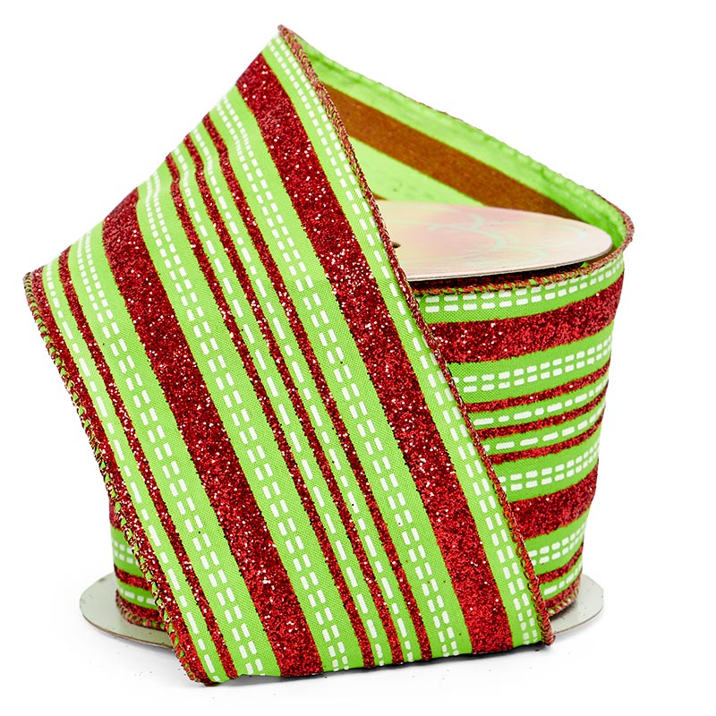 Glitter Striped Christmas Wired Ribbon 2 1/2 '' X 10 yd Green / White Color 1 / ROLL