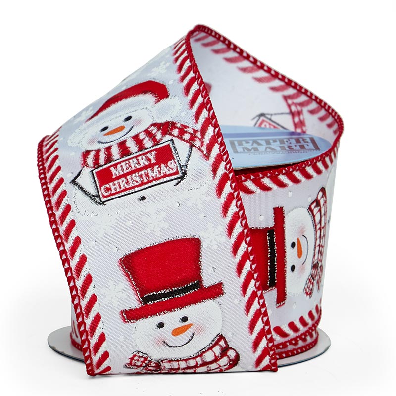 Merry Snowmen on Wired Ribbon Red & White Edge – 2.5" x 10 Yards (1 Roll)