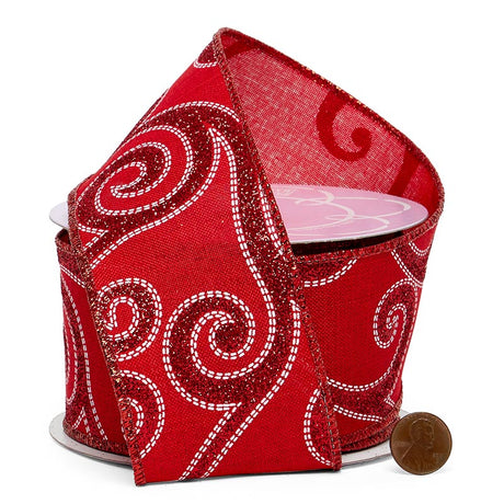 Holiday Glitter Swirl On Natural Wired Ribbon 2 1/2 '' X 10 yd - 1 / ROLL