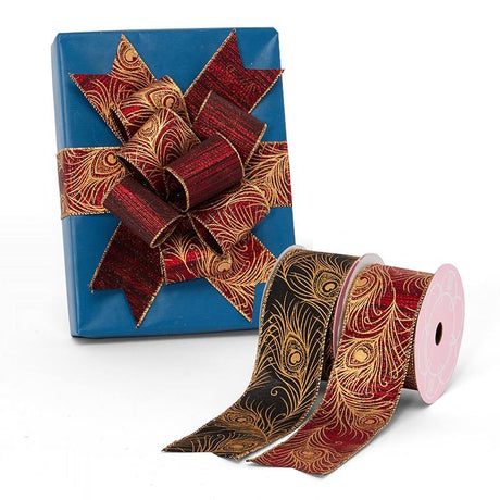 Peacock Linen Wired Ribbon Red Color 1 / ROLL