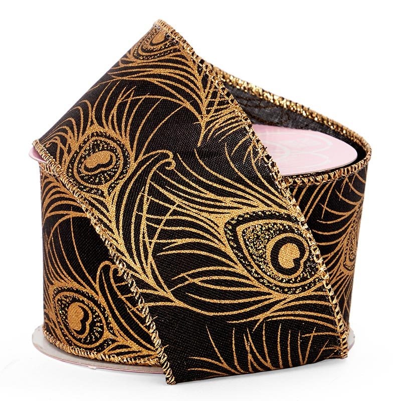 Peacock Linen Wired Ribbon Gold / Black Color 1 / ROLL