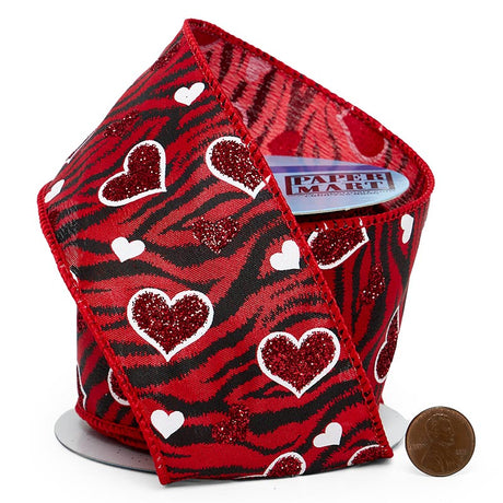 Glitter Hearts On Zebra Striped Ribbon 2 1/2 '' X 10 yd - 1 / ROLL
