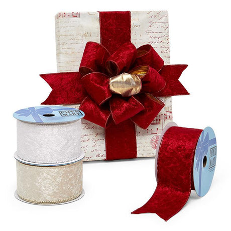 Crushed Velvet / Lamé Double Sided Ribbon 2 1/2 '' X 10 yd White / Gold Color 1 / ROLL