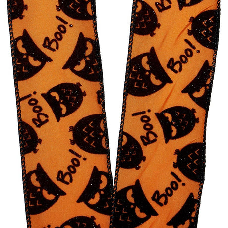 Glitter Flocked Owls & "Boo!" Message On Wired Ribbon 2 1/2 ''x10 yd 1 / ROLL