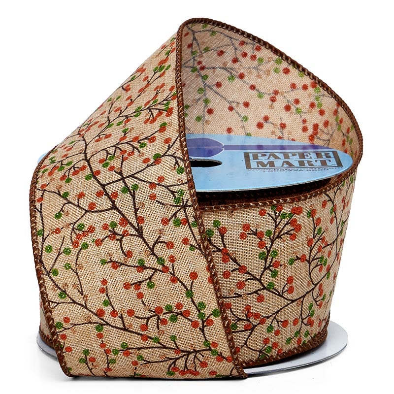 Glitter Berries & Branches On Wired Ribbon 2 1/2 '' X 10 yd Orange / Green Color 1 / ROLL