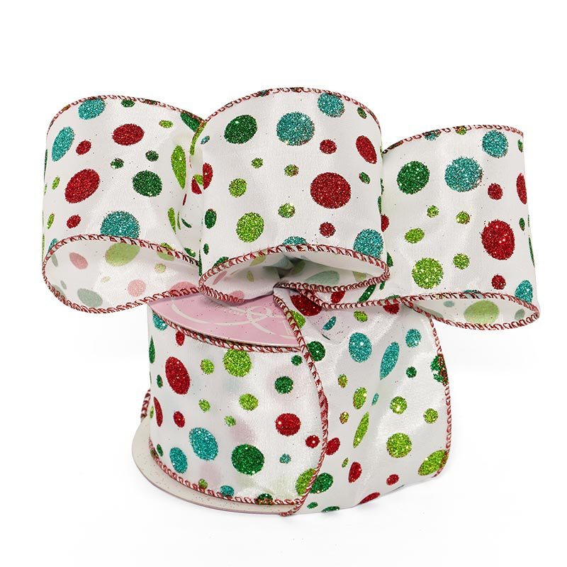 Glitter Christmas Wired Ribbon – Sprinkled Dots, 2 1/2" x 10 Yards (1 Roll)