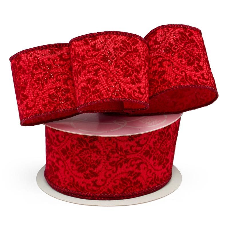 Glitter Christmas Wired Ribbon – Red Embossed Velvet Baroque, 2 1/2" x 10 Yards (1 Roll)