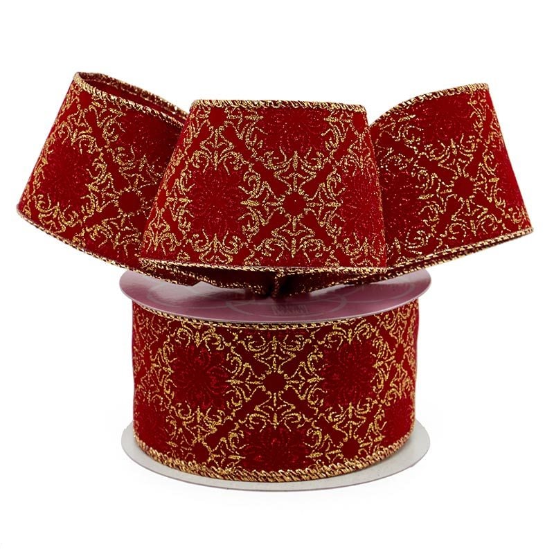 Glitter Christmas Wired Ribbon – Red/Gold Embossed Metallic Baroque, 2 1/2" x 10 Yards (1 Roll)