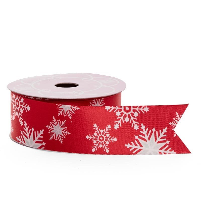 Cinta de satén con patrón navideño 5/8 '' X 25 yd Color rojo / copos de nieve blancos 1 / rollo