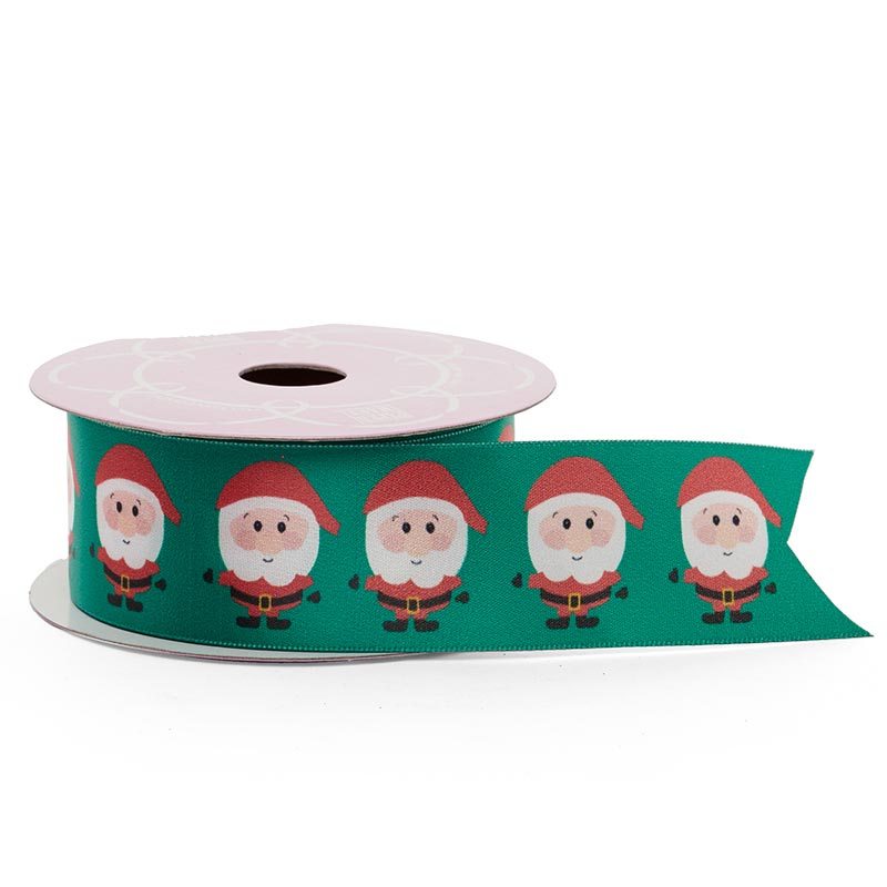 Cinta de satén con patrón navideño 5/8 '' X 25 yd Color verde con Papás Noel 1 / rollo