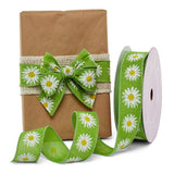 Shasta Daisy On Green Linen Wired Ribbon 1 1/2 '' X 25 yd - 1 / ROLL