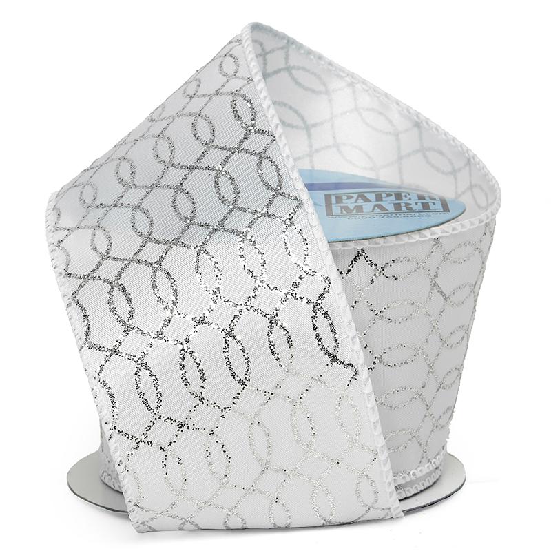 Glitter Chain Link On Satin Wired Ribbon 2 1/2 '' X 10 yd White / Silver Color 1 / ROLL