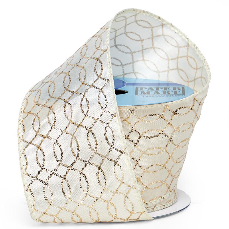 Glitter Chain Link On Satin Wired Ribbon 2 1/2 '' X 10 yd Ivory / Gold Color 1 / ROLL