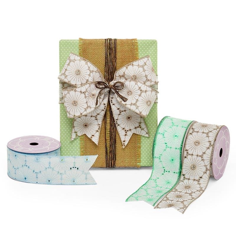 Fabric Floral Wired Ribbon 2 1/2 '' X 10 yd White / Light Blue Color 1 / ROLL