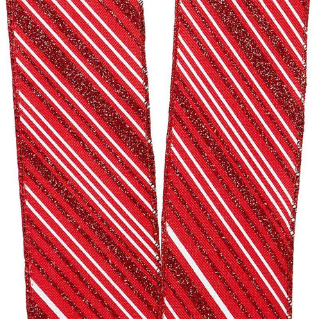 Glitter White / Red Peppermint Stripes On Wired Ribbon 2 1/2 '' X 10 yd - 1 / ROLL