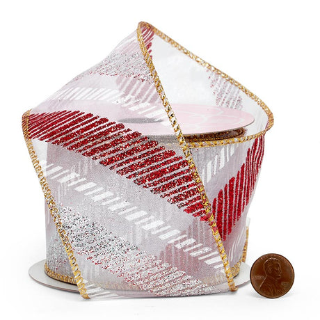 Christmas Diagonal Stripes On Sheer Wired Ribbon 2 1/2 '' X 10 yd - 1 / ROLL