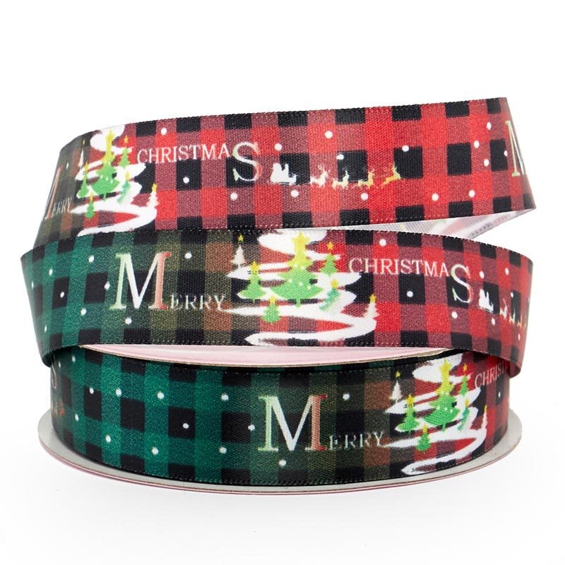 Narrow Christmas Patterns Satin Ribbon Merry Christmas Plaid Color 1 / ROLL