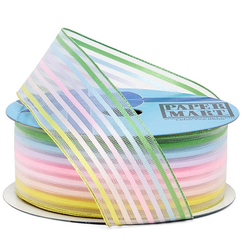 Multi-Colored Stripes On Sheer Wired Ribbon Pastel Stripes Color 1 / ROLL