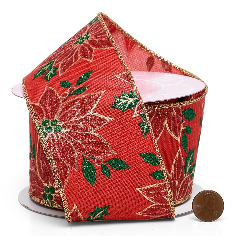 Christmas Poinsettias & Berries On Wired Ribbon 2 1/2 '' x 10 yd Sparkly Poinsettia On Linen Color 1 / ROLL