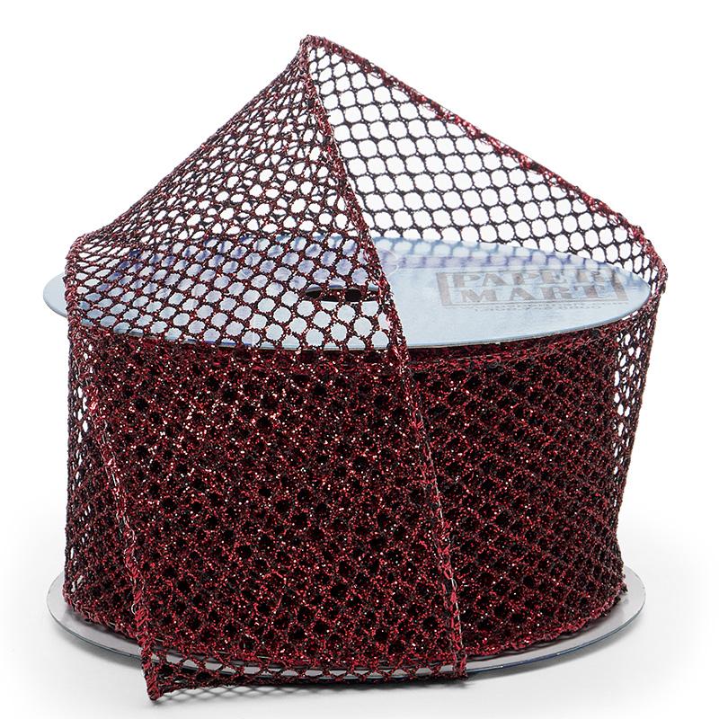 Plain Mesh Wired Ribbon 2 1/2 '' X 10 yd Black / Red Metallic (Glitter) Color 1 / roll