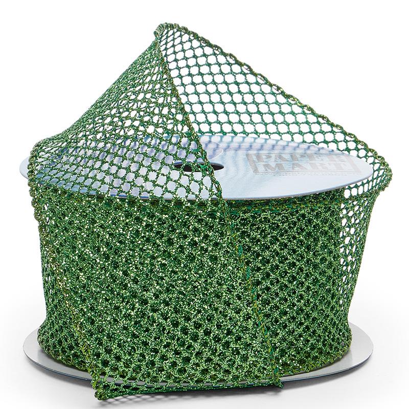 Plain Mesh Wired Ribbon 2 1/2 '' X 10 yd Lime Metallic (Glitter) Color 1 / roll