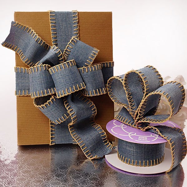 Overstitched Blue Denim Ribbon 2 1/2 '' X 10 yd - 1 / ROLL