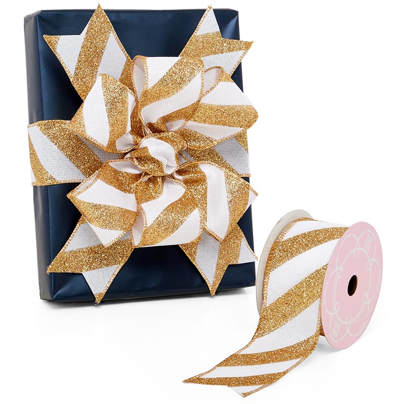 Diagonal Glitter Striped Faux Linen Wired Ribbon 2 1/2 '' X 10 yd - 1 / ROLL