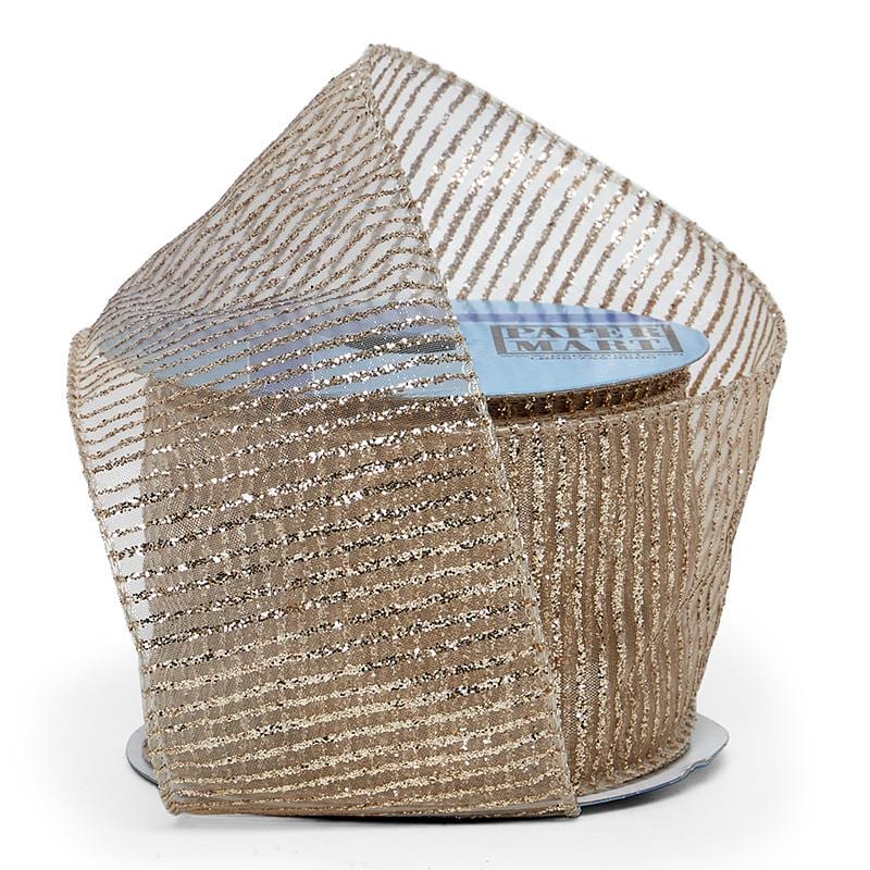 Light Gold (Sheer) Metallic Glitter Stripes on Wired Ribbon – 2.5" x 10 Yards (1 Roll)